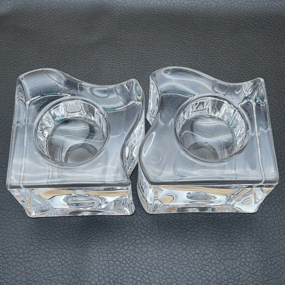 Orrefors Sweden Crystal Candle Holders Clear Heavy Puzzle Piece Votives Set of 2